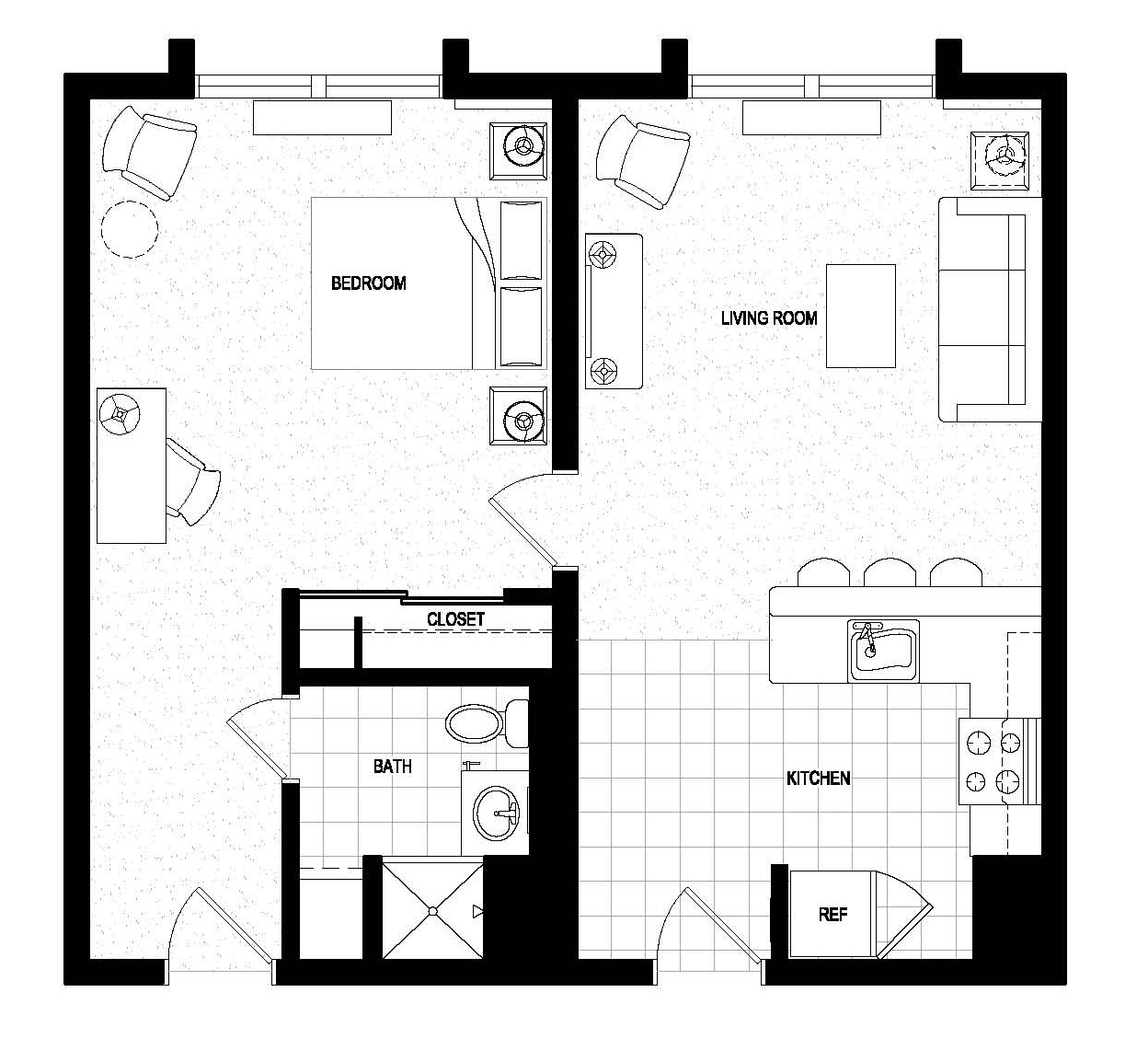 Floor plan for 1 bed, 1 bath, 700 sqft